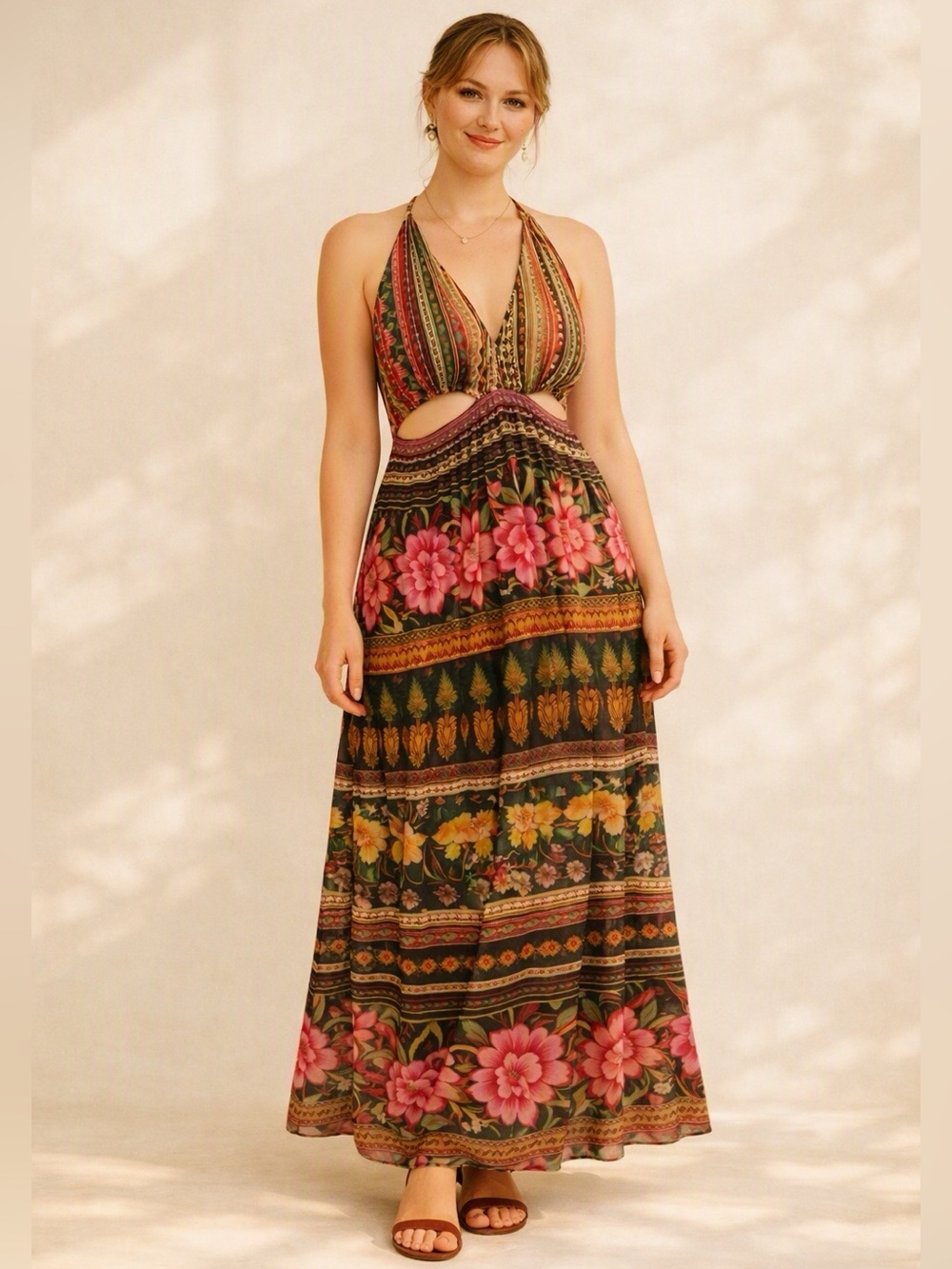 BlueSteel Bohemian Fresca Fruta Cut Outs Floral Maxi Dress Farm Rio Inspired